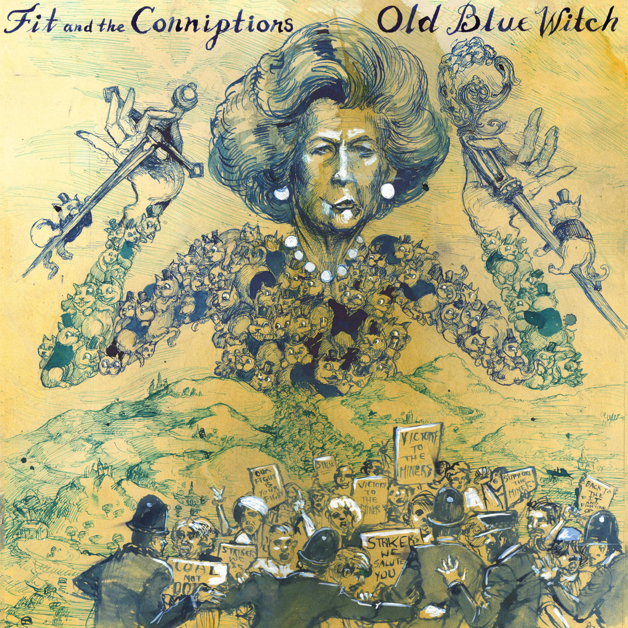 A highly stylized portrait of Margaret Thatcher looming like a giant over the landscape, holding a sword in each hand, and covered in Fat Cats. A group of striking miners in the foreground is being harrassed by police. The scene is deliberately reminiscent of the famous frontispiece to Hobbes' Leviathan by Abraham Bosse, but this is more in the style of Molly Crabapple, for she is the artist here.