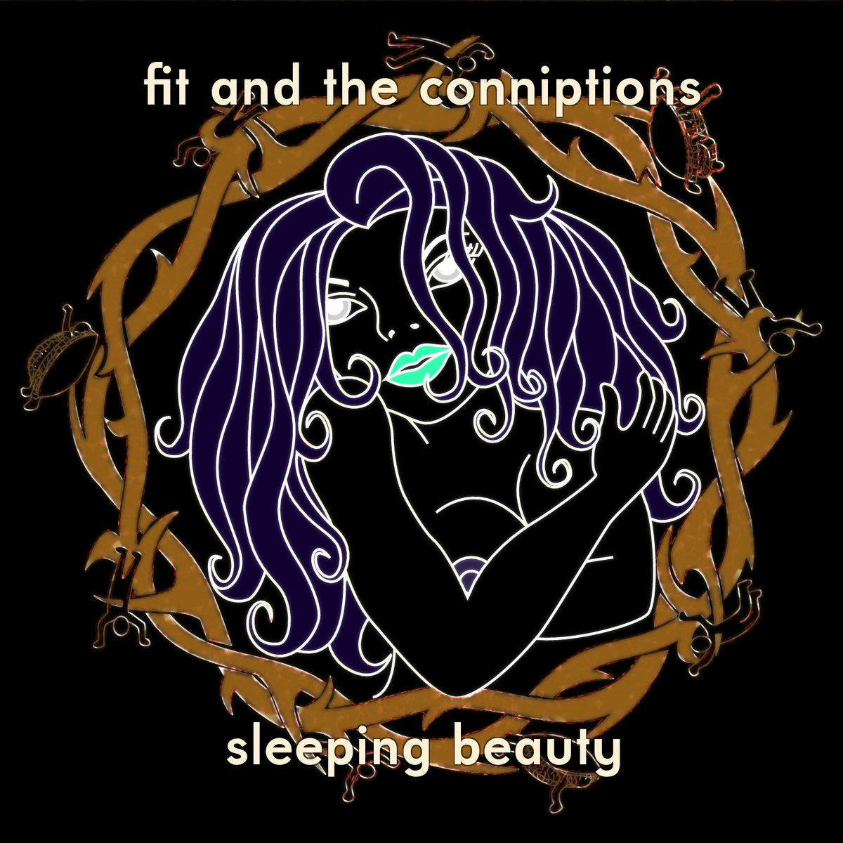 A cartoon depiction of a black woman with green lips and grey eyes, with long flowing purple hair, naked from the waist up, covering herself mostly with her arms, staring directly at you, surrounded by a brown ring of thorns with little men caught in them.