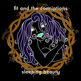 A cartoon depiction of a black woman with green lips and grey eyes, with long flowing purple hair, naked from the waist up, covering herself mostly with her arms, staring directly at you, surrounded by a brown ring of thorns with little men caught in them.
